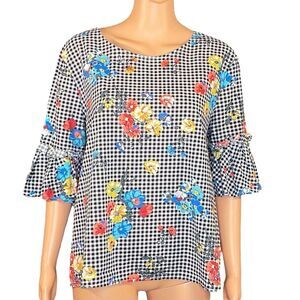 Jennifer and Grace Floral Gingham Top Ruffle Sleeve Womens Sz Large